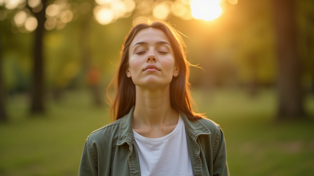 Pessoa a praticar respiração num espaço natural ao ar livre, ambiente calmo com luz solar natural