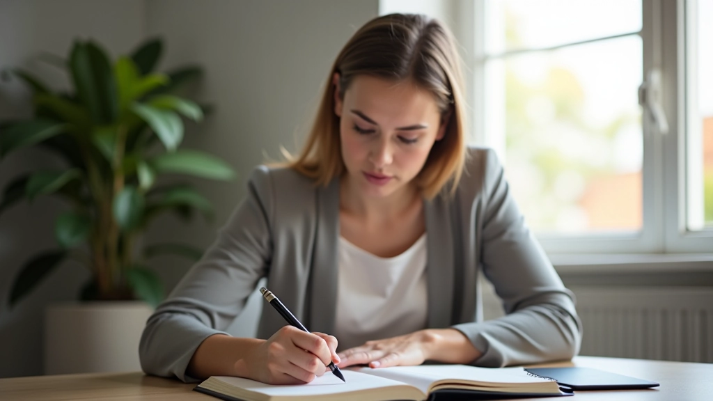 Mulher a fazer anotações num caderno, reflexão pessoal concentrada, ambiente calmo