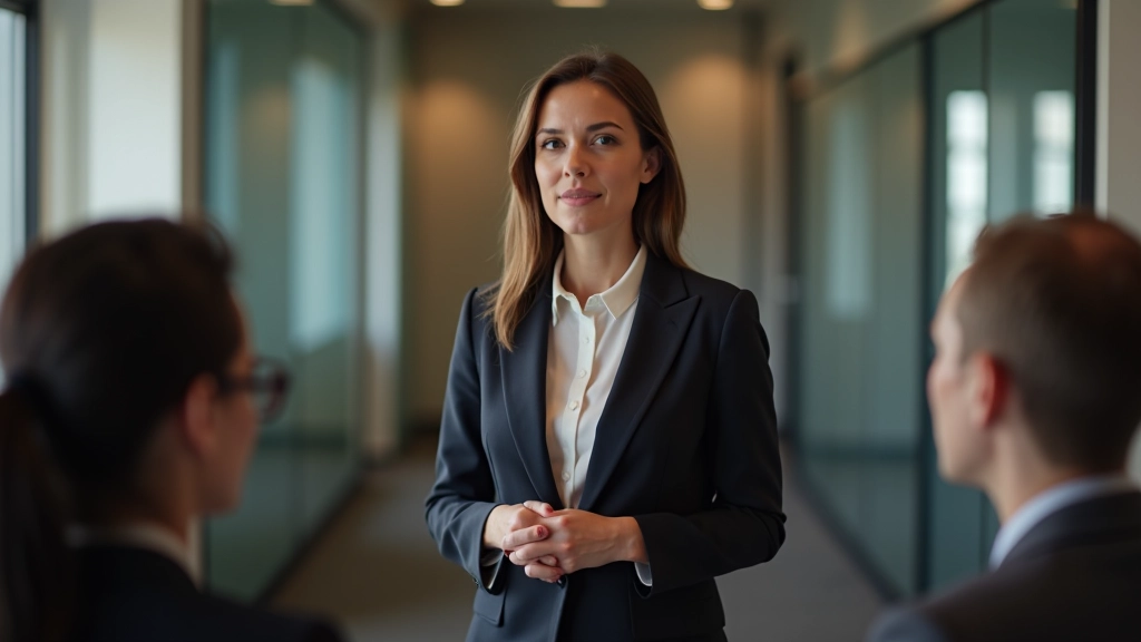 Mulher em reunião de trabalho, fazendo apresentação, expressão facial confiante, gestos naturais, colegas prestando atenção