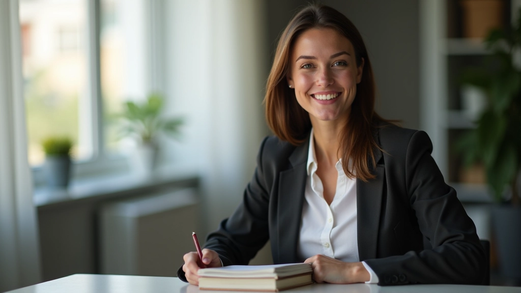 Mulher confiante sentada em escritório moderno, postura ereta, olhar determinado, luz natural