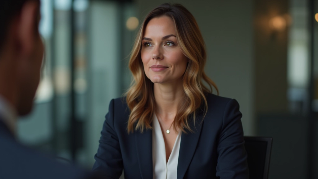 Mulher em conversa um-a-um com colega, sentada confortavelmente, expressão séria mas respeitosa, ambiente corporativo